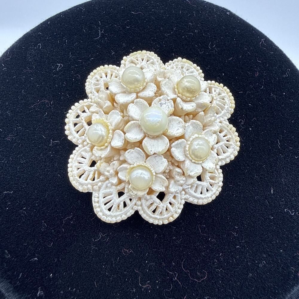 Vintage Celluloid Brooch Carved Floral Openwork Lace Pin With Pearls READ